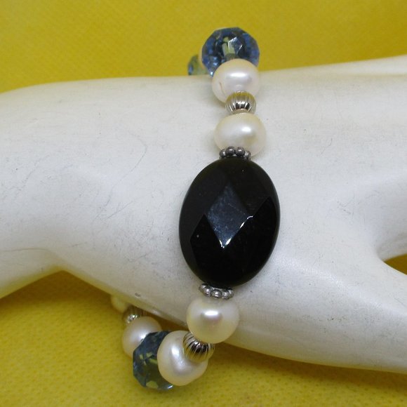 Genuine FRESH WATER PEARL Blue Faceted Crystal Bracelet Large Black Faceted Bead - Picture 3 of 13